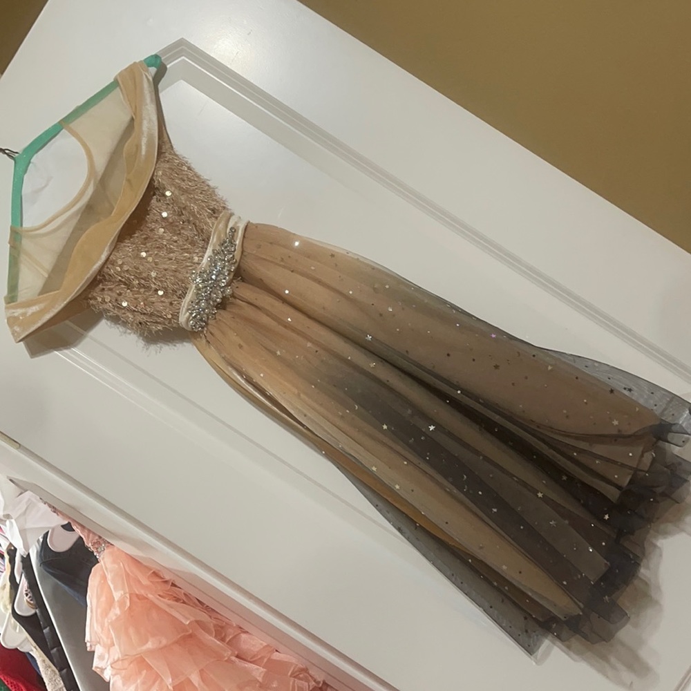 Flower girl dress tan/blue/gold dress